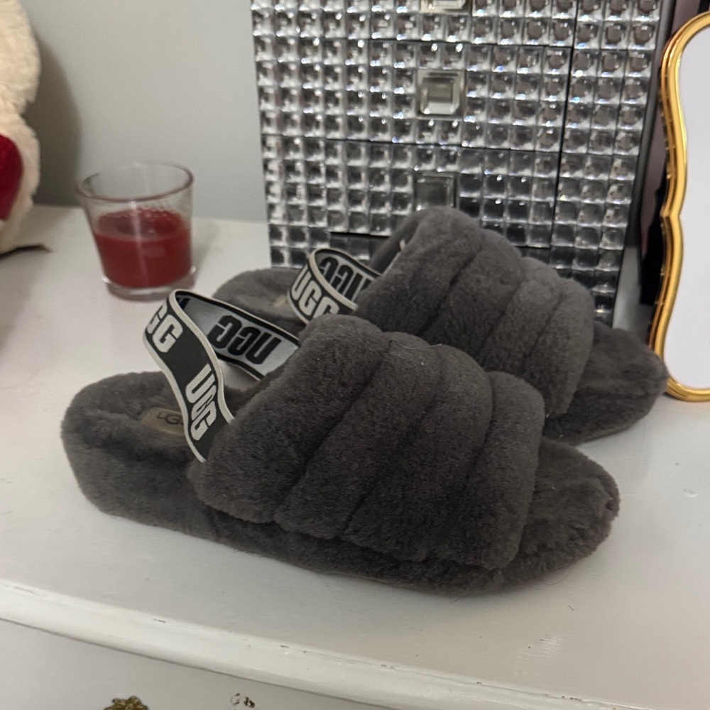 UGG Charcoal Fluffy Slippers with Logo Strap